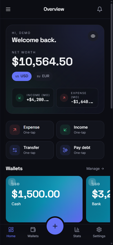 The INCONI dashboard on a phone: total net worth, quick actions, and wallet cards in several currencies.